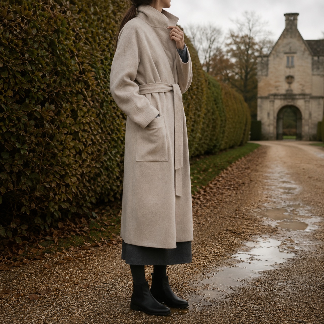 Thornleigh wool wrap coat — Wool Long Coats by MASO. worn by a model, side view.