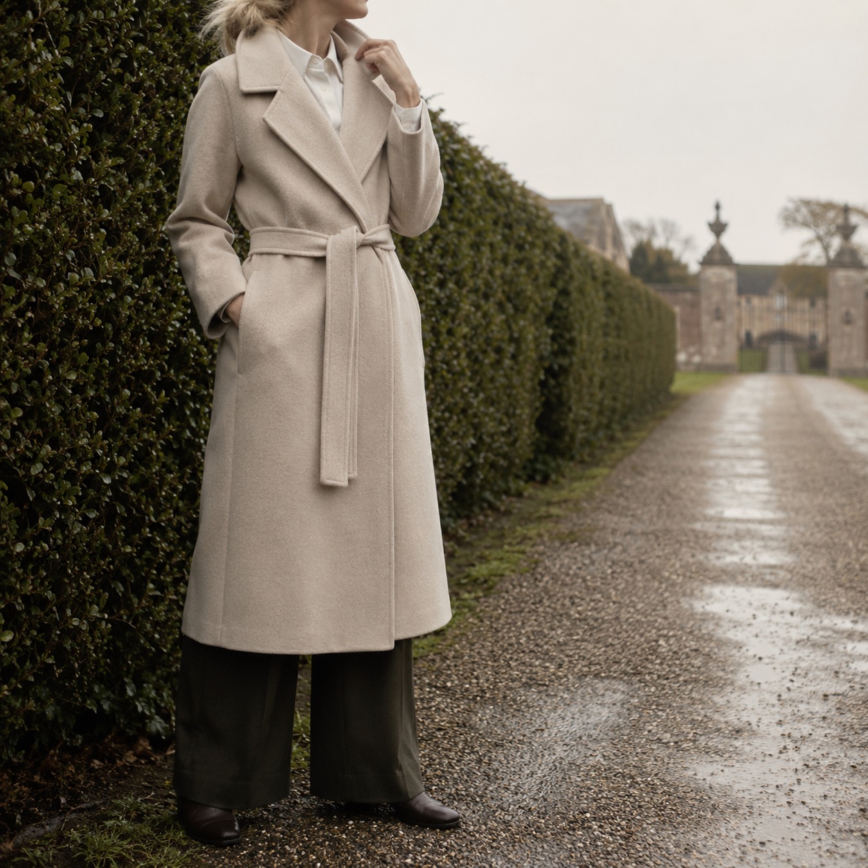 Oatlands wool wrap coat — Wool Long Coats by MASO. worn by a model, side view.