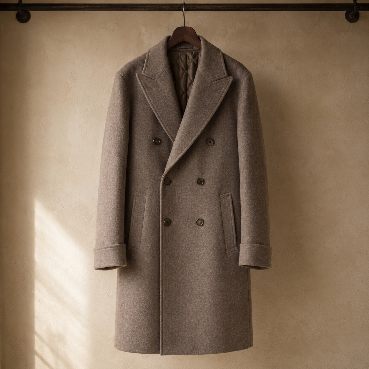 Elderwood double-breasted long coat — Wool Long Coats by MASO. product photograph on a white background.