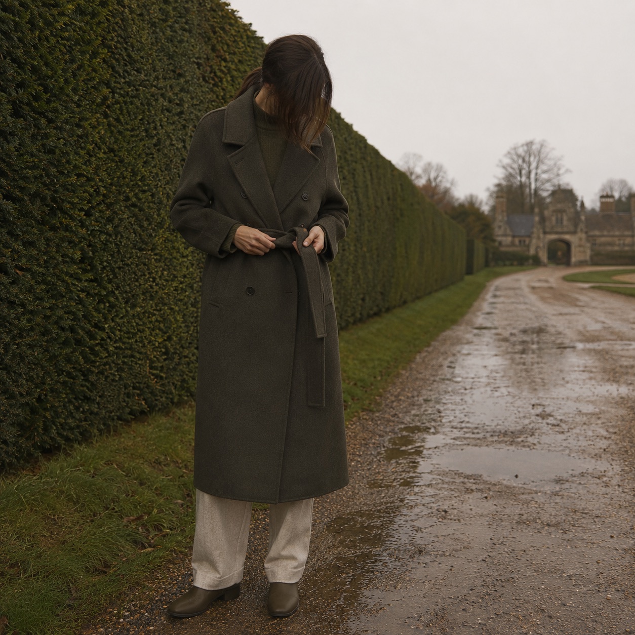 Elderwood double-breasted long coat — Wool Long Coats by MASO. worn by a model.