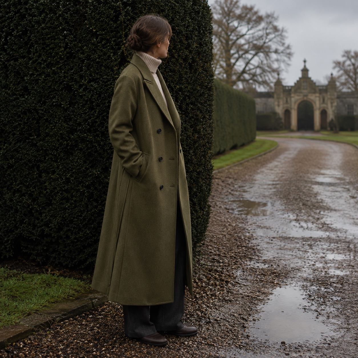 Elderwood double-breasted long coat — Wool Long Coats by MASO. worn by a model, side view.