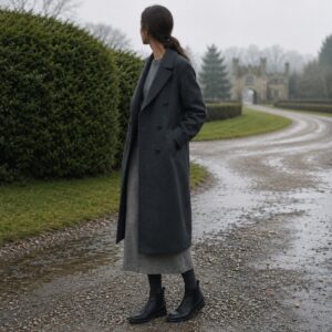 Bramwell double-breasted long coat — Wool Long Coats by MASO. worn by a model.