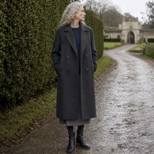 MASO Bramwell double-breasted long coat (Wool Long Coats) — worn, front.