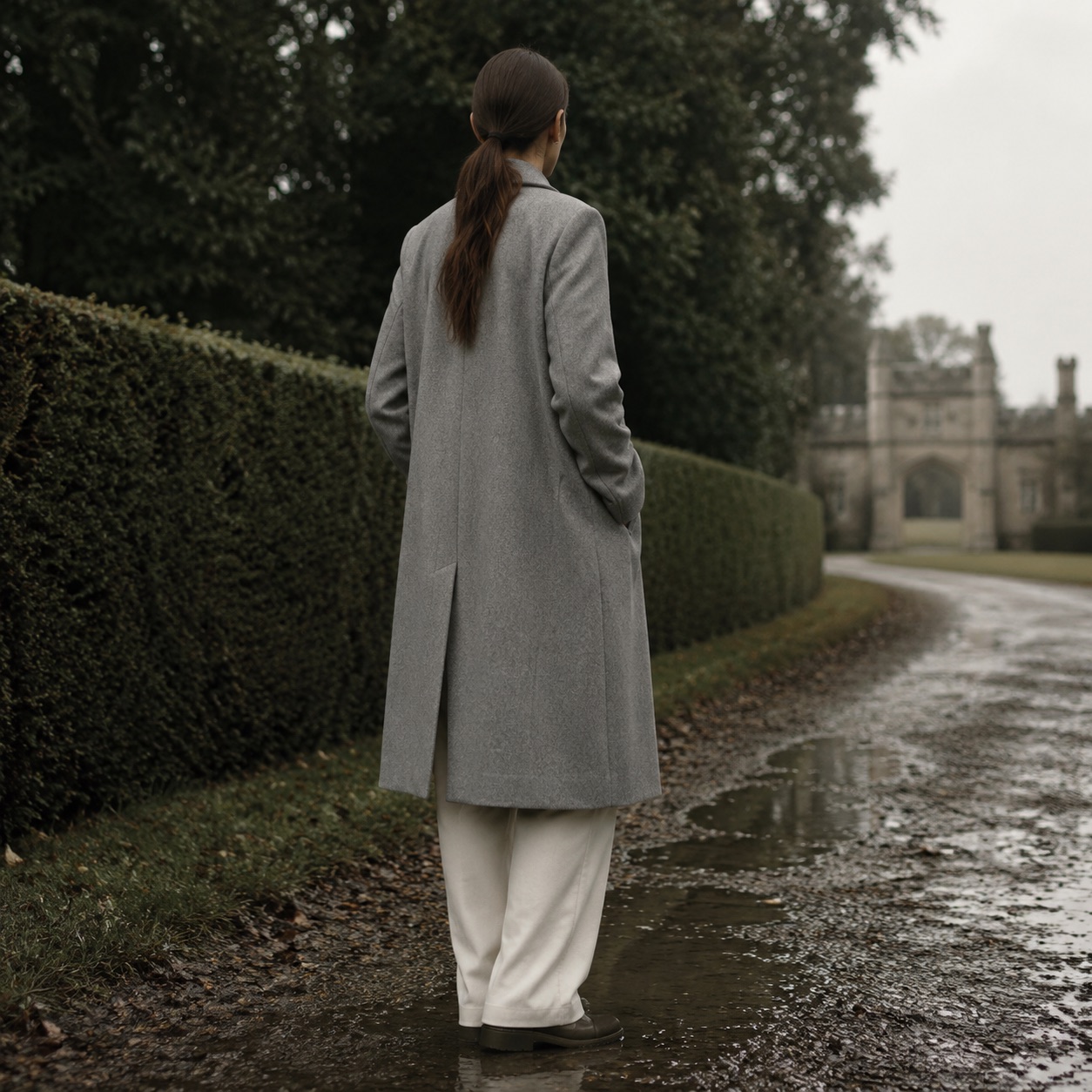 Larkspur single-breasted midi coat — Wool Long Coats by MASO. worn by a model, side view.