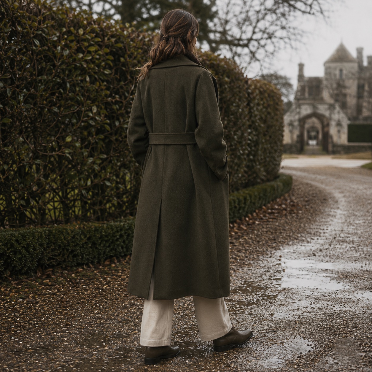 Marlowe wool wrap coat — Wool Long Coats by MASO. worn by a model, side view.