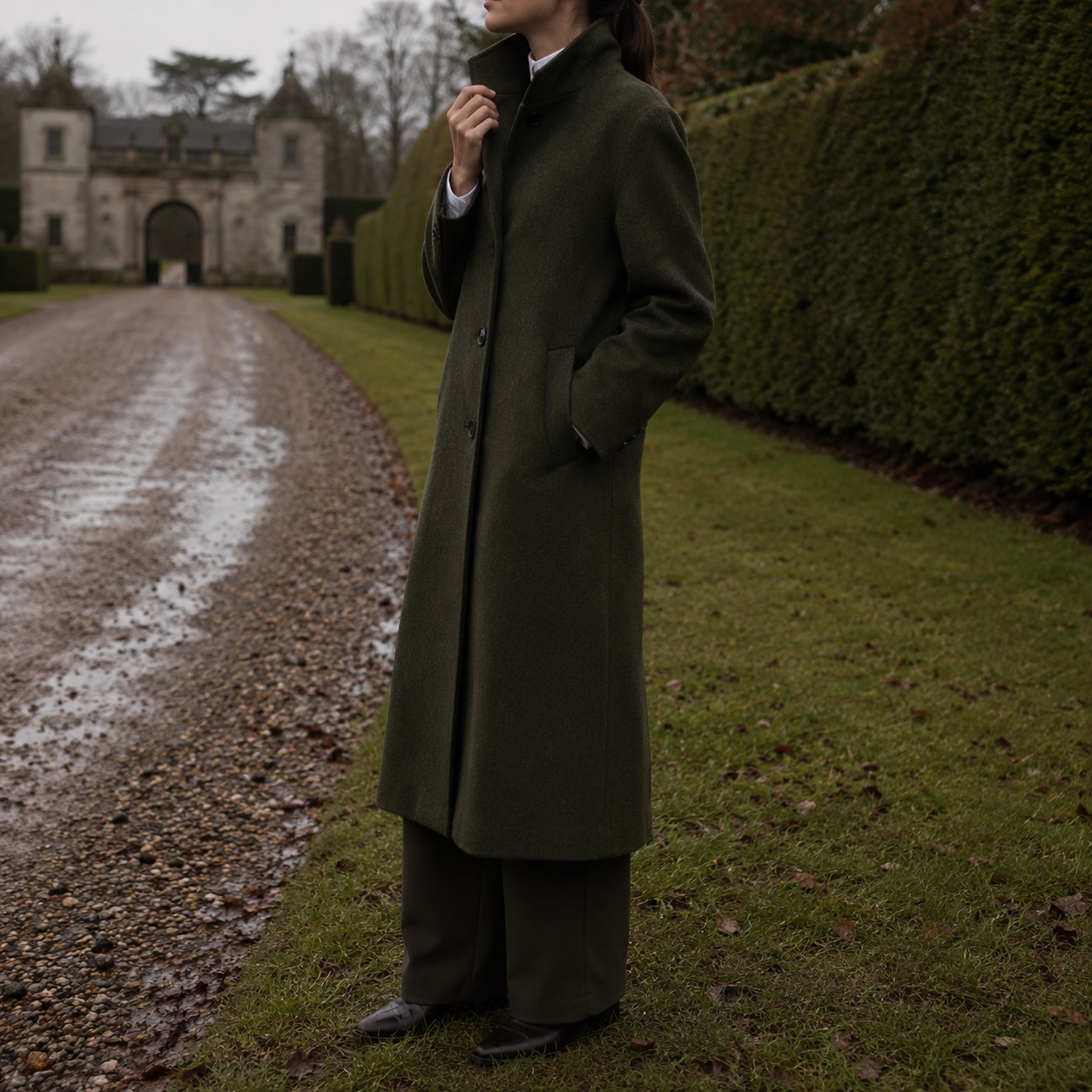 Ashcombe single-breasted midi coat — Wool Long Coats by MASO. worn by a model, side view.