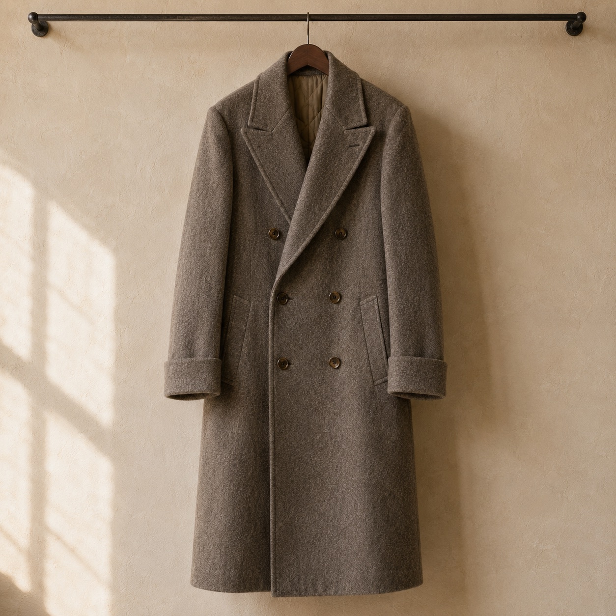 Stonebridge double-breasted long coat — Wool Long Coats by MASO. product photograph on a white background.