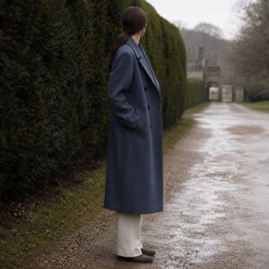 Stonebridge double-breasted long coat — Wool Long Coats by MASO. worn by a model.