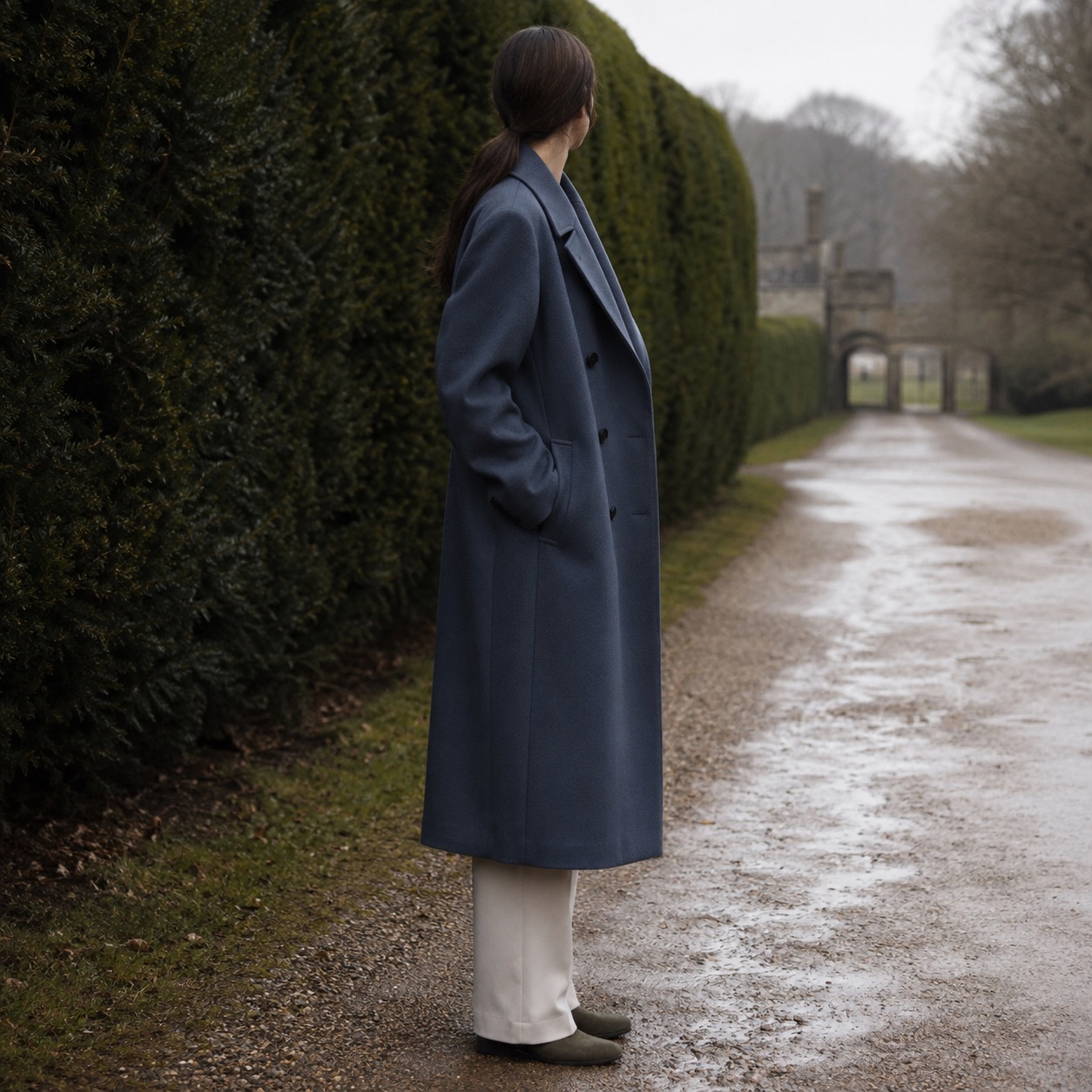 Stonebridge double-breasted long coat — Wool Long Coats by MASO. worn by a model.